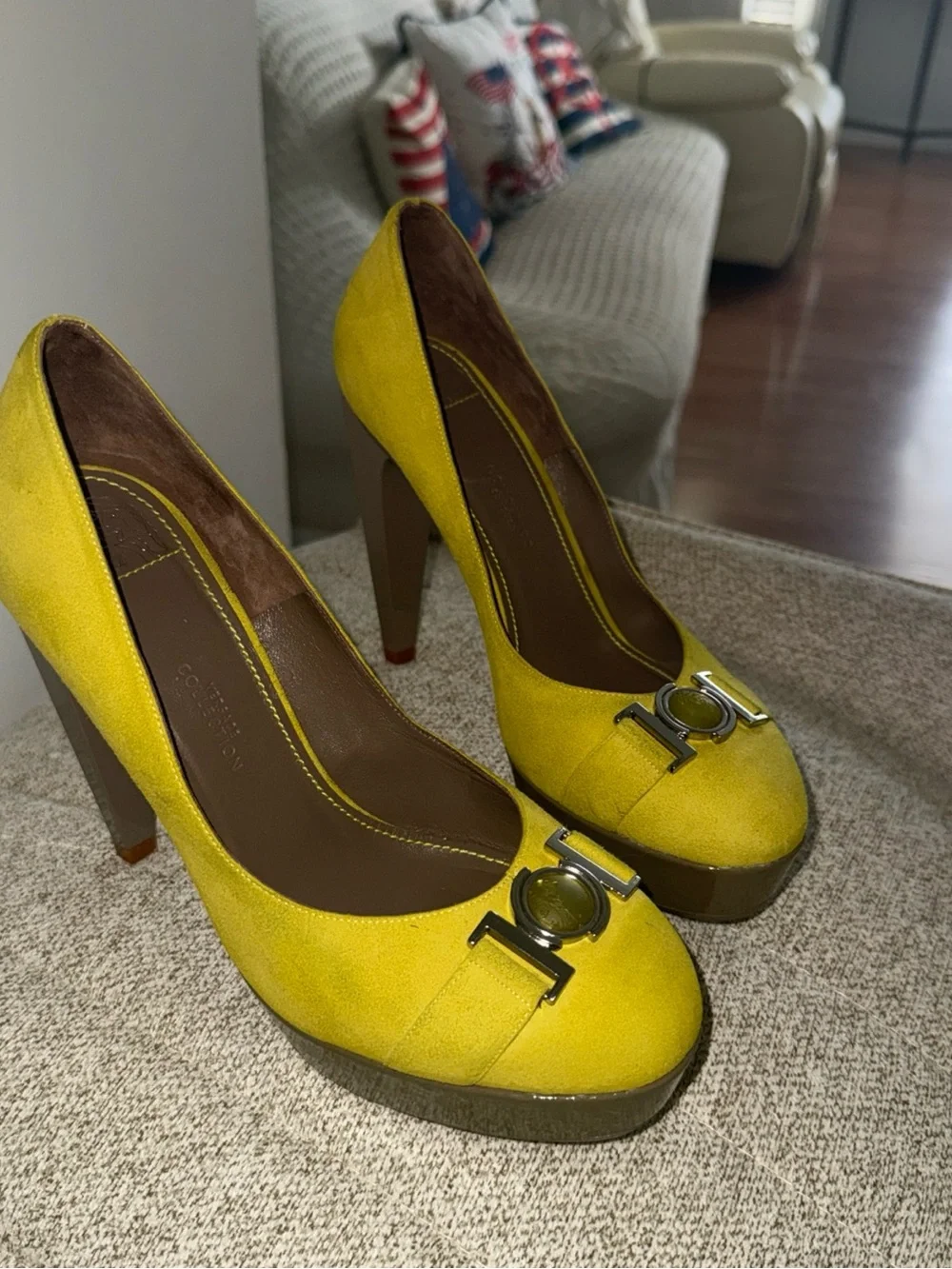 Versace Collection Yellow Suede Heels with Silver Medallion